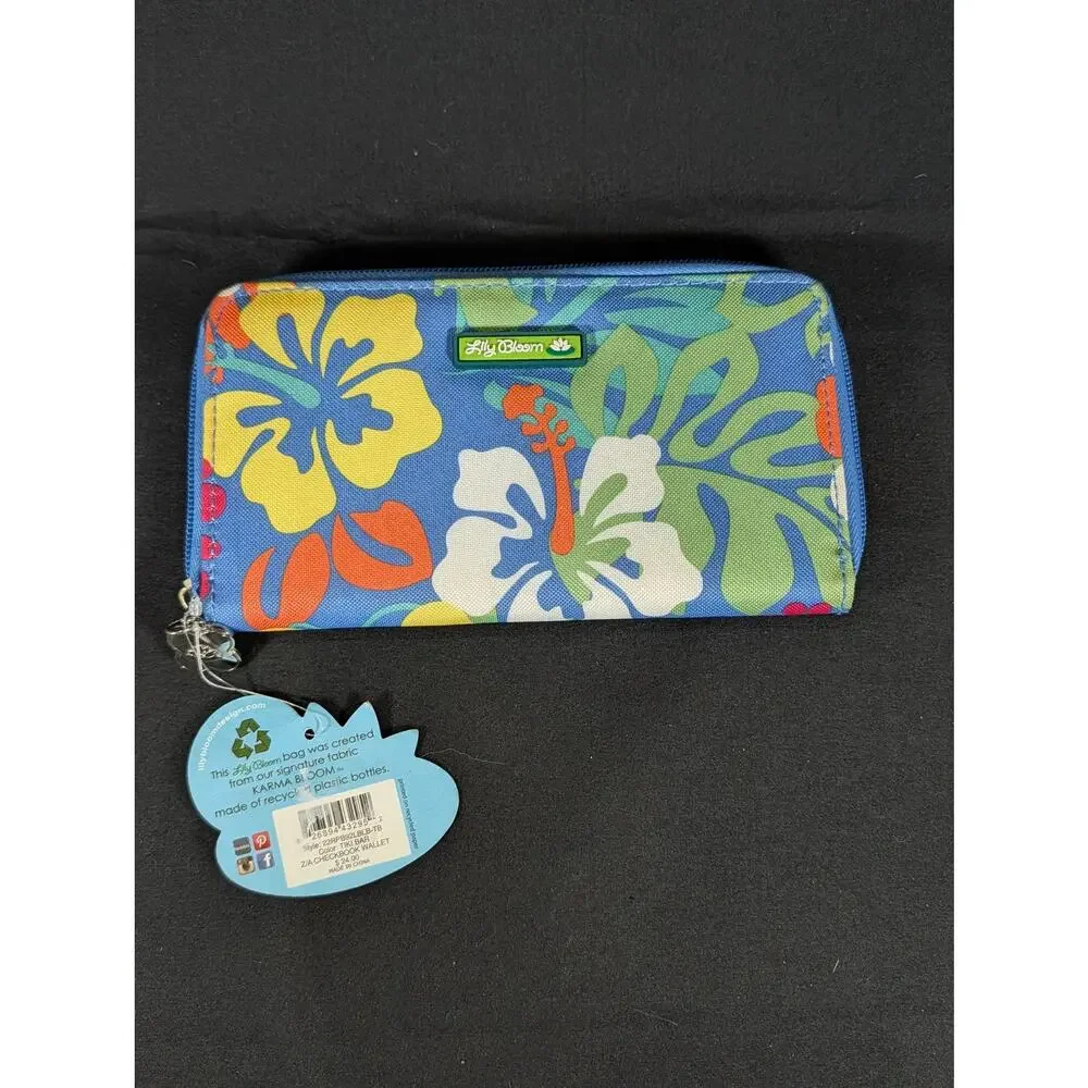 Lily Bloom Tropical Floral Zip Around Wallet Blue Hibiscus RFID Vegan NWT